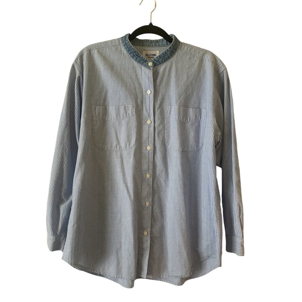 Vintage Solutions Original Button Down Size L Gingham Denim Band Collar 90's
